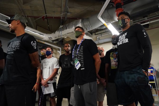 The Milwaukee Bucks make a statement to the media after <a href="index-1021.html" target="_blank">boycotting a playoff game</a> on August 26.