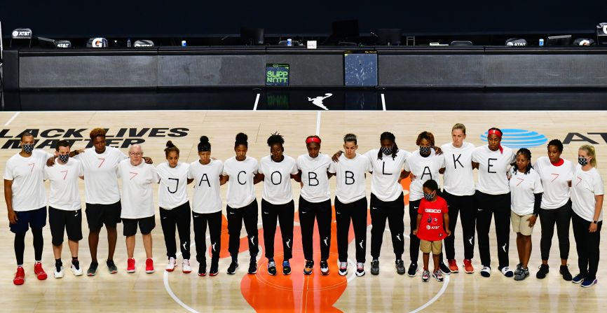 The Washington Mystics pay tribute to Jacob Blake after <a href="index-826.html" target="_blank">their WNBA game was postponed</a> in Palmetto, Florida, on August 26.