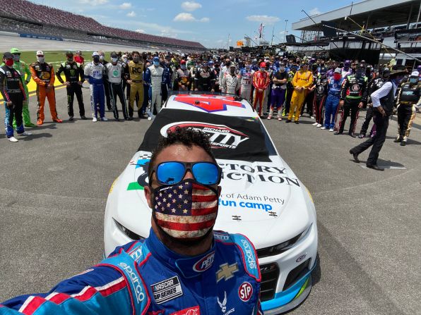 NASCAR driver Bubba Wallace <a href="https://twitter.com/BubbaWallace/status/1275141190824996864" target="_blank" target="_blank">tweeted this selfie</a> before a Cup Series race in Talladega, Alabama, on June 22. Fellow drivers and pit crew members <a href="index-1024.html" target="_blank">walked alongside Wallace's car</a> to show their support for him. Wallace, the only Black driver in NASCAR's top circuit, has been an outspoken advocate of the Black Lives Matter movement.