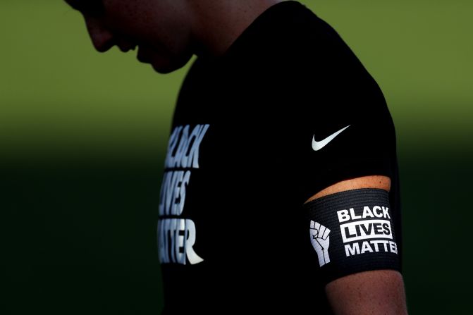 A Houston Dash player wears a Black Lives Matter armband before a NWSL match in Herriman, Utah, on July 17.