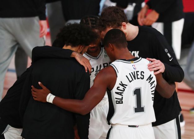 Members of the San Antonio Spurs huddle before a game against Sacramento on July 31.