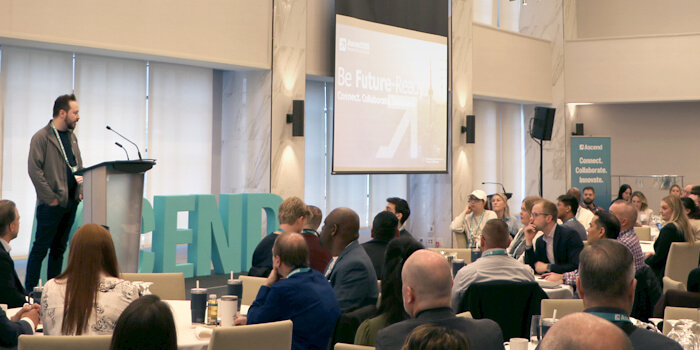 Artem sherman, head of security & investigations for resolver presents the 2025 product roadmap at ascend 2025 to a room full of security & investigations practitioners