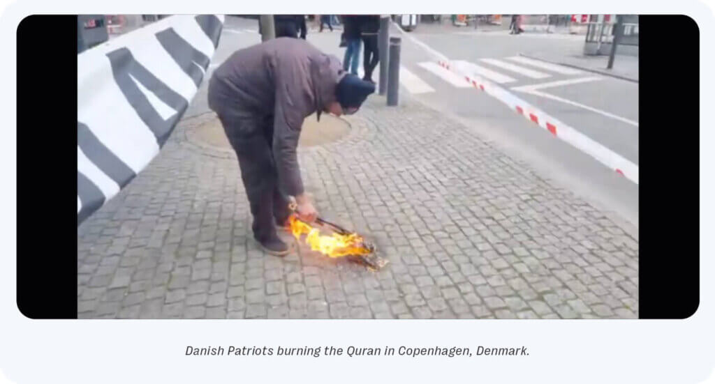 Still from livestream of danish patriots that shows them burning the quran.