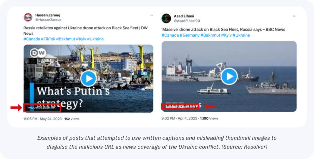 Examples of posts that used written captions and misleading thumbnail images to disguise the malware as news coverage of the ukraine conflict.