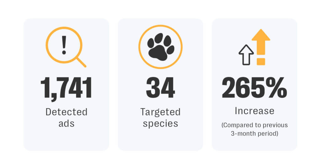 Infographic showing key resolver data on illegal wildlife trafficking: 1,741 detected ads for wildlife products, 34 targeted species involved, and a 265% increase in activity compared to the previous 3-month period.