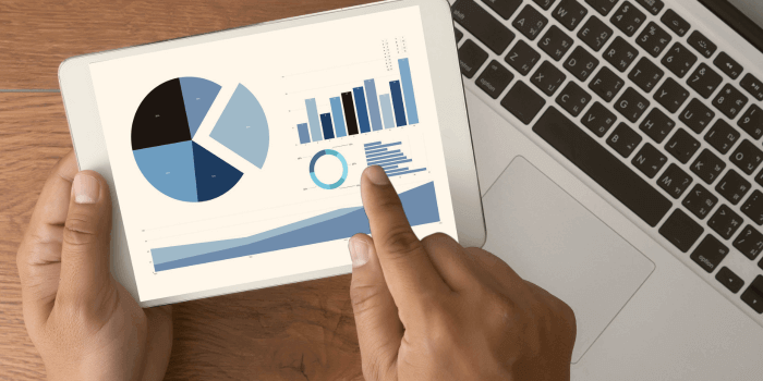 Person analyzing a digital marketing performance report on a tablet, with a pie chart, bar graph, and other statistical data displayed, next to a laptop on a wooden desk representing rage-v threat assessment methodology