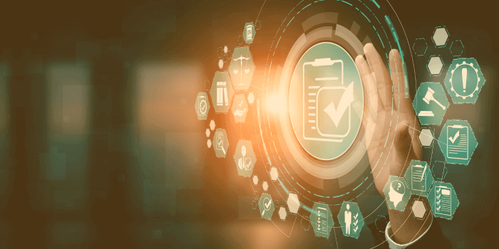 Male hand outstretched and open with digital icons surrounding it representing grc software solutions