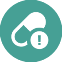Icon of a pill with an exclamation mark, representing the compliance risk of unmonitored adverse event reports on pharma-owned digital channels.