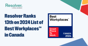 An award badge for the "2024 best workplaces™ in canada" from great place to work®, with a text overlay stating "resolver ranks 13th on the 2024 list of best workplaces™ in canada. " the badge features the great place to work® logo and the text "canada 2024," indicating resolver's 13th place rank among the top 100 workplaces in canada.