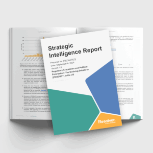 Image of a resolver strategic intelligence report cover for communications, marketing and brand risk teams, showing the title and geometric design.