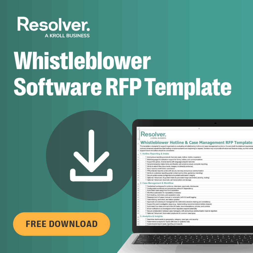 Promotional graphic for resolver’s whistleblower software rfp template. The image features a teal background with the resolver logo, bold text reading “whistleblower software rfp template,” and a large white download arrow icon. A laptop screen displays the resolver whistleblower hotline & case management rfp template spreadsheet with evaluation criteria for whistleblower software and case management. An orange button at the bottom left says “free download. ”