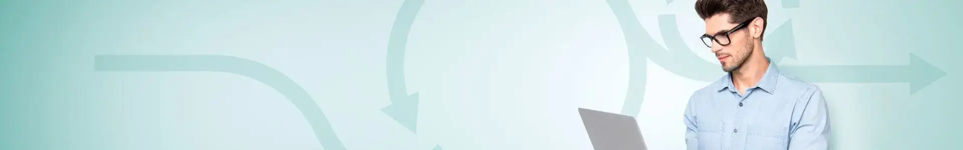 Pale teal background with arrow-loop and a white man in foreground holding a silver laptop to represent agile grc solutions from resolver